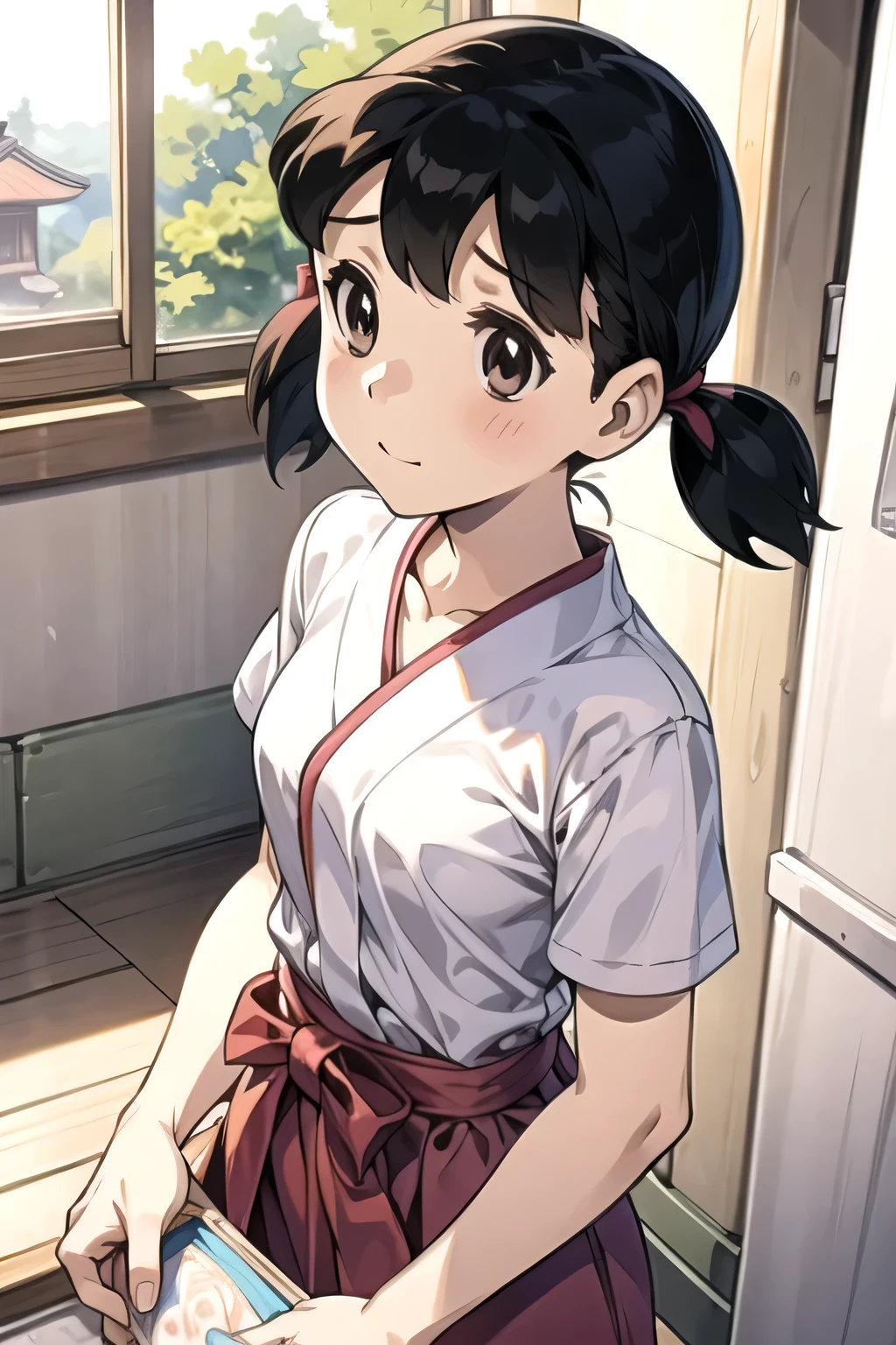 a Japanese woman, Bath, Very small breasts, The point of view of looking at small breasts from above head, bending forward, Peek-through Nipples, Artistic, reality, cute, ashamed, Light brown areola, Overlooking, Point of view on the verge of touching the subject, Close-up, Twin tails near the nape, Minamoto Shizuka, drsizukachan1