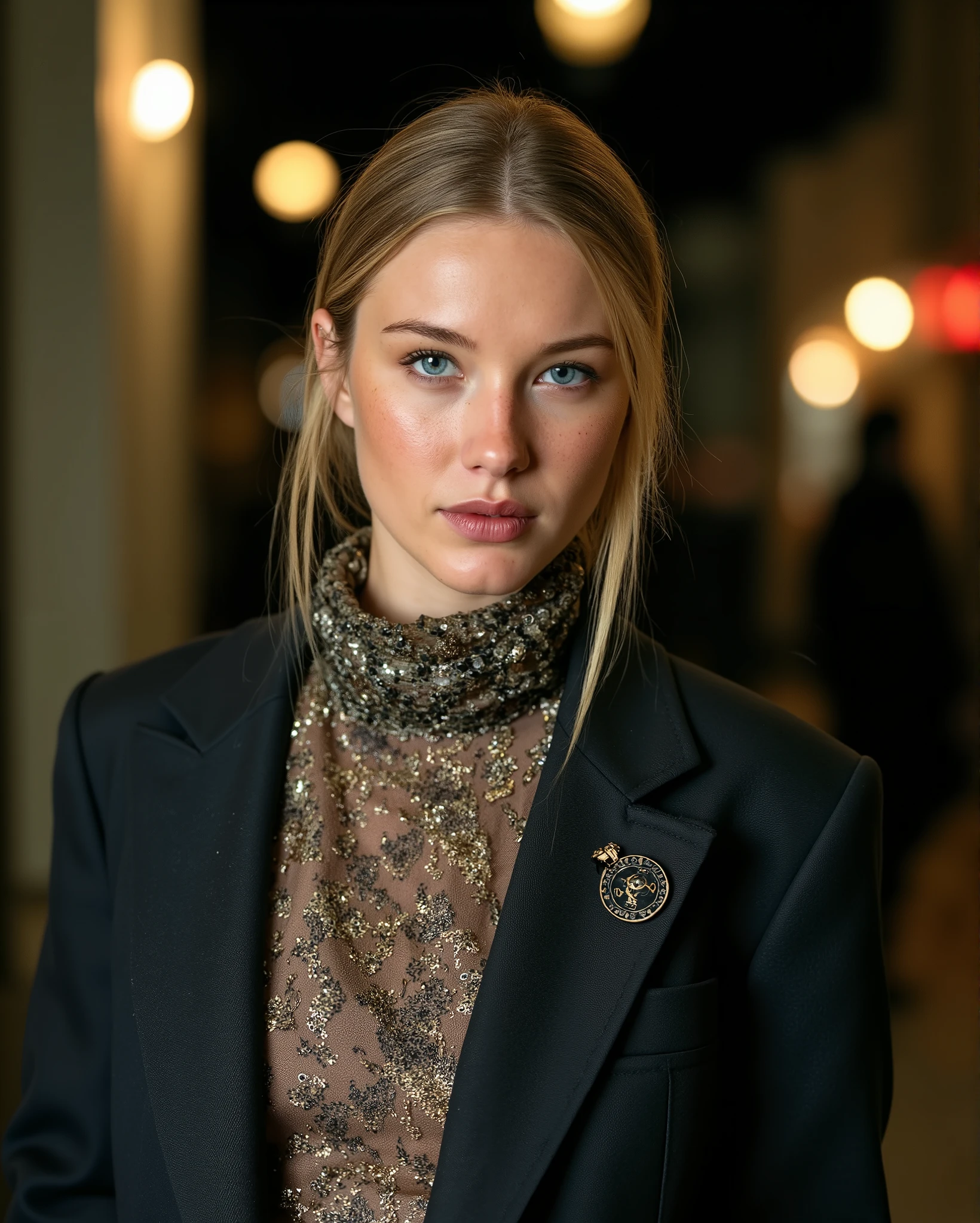 Light-haired blonde, light blue eye, , at night, Girl's clothes, outerwear , party clothes , shoe, luxurious, Louis Vuitton, Hermés Paris, Gucci, Chanel, Cartier