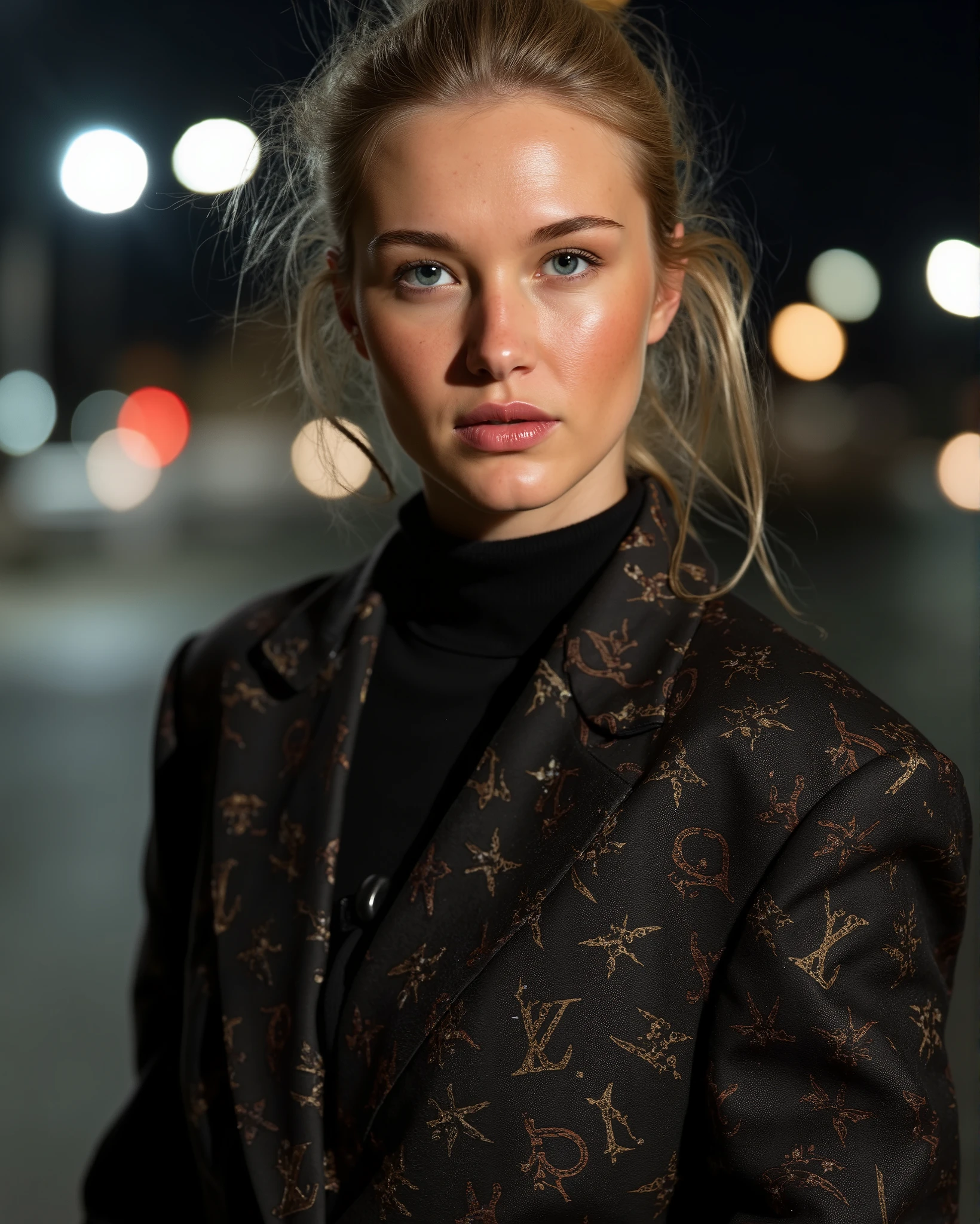 Light-haired blonde, light blue eye, , at night, Girl's clothes, outerwear , party clothes , shoe, luxurious, Louis Vuitton, Hermés Paris, Gucci, Chanel, Cartier