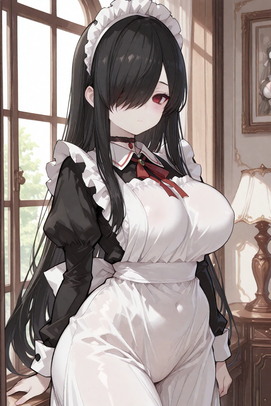score_9, score_8_up, score_7_up, source_anime, BREAK 1girl, solo, <lora:fatesmaid-fe-richy-v1_pdxl:1> fates maid, maid headdress, maid apron, black thighhighs, bridal gauntlets, <lora:tharja-pdxl-nvwls-v1:0.8> rndTh, two side up, black hair, parted lips, looking at viewer, large breasts, tiara, bangs
