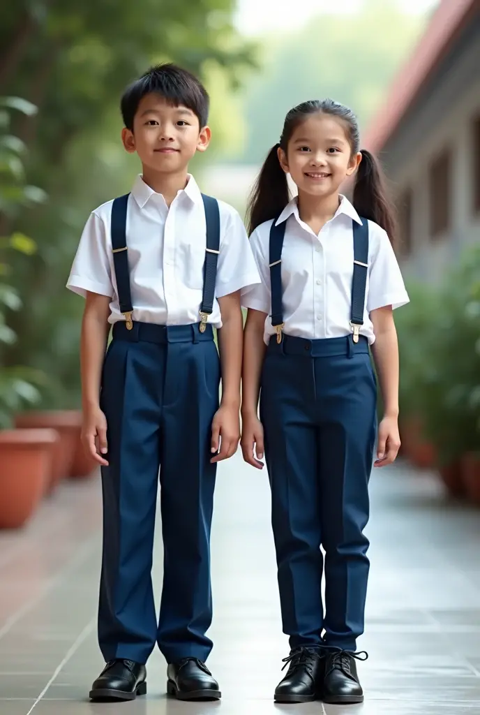 Elementary school boy and girl both wearing white button-down shirts and blue pants, black strap black shoes