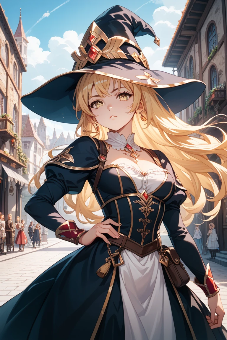 (((masterpiece; best quality: 1.2))), (finely detailed eyes: 1.3), (25 year old elf woman), (solo), (green eyes: 1.4), (body; big breasts, fit, femenine: 1.3), (silky blonde hair in low ponytail: 1.3), (beautiful and clear background: 1.2), ((depth of field)), (equipment: adventurer garb + modest + elegant wide-brim hat + dark blouse + dark long cape + black long skirt + gloves + belt + pouches: 1.3), (anime illustration: 1.2), (background composition; royal garden: 1.1), (extremely fine and beautiful: 1.1), (shot composition; standing + centered on torso + close-up: 1.5), (expression; calm, smile: 1.2)