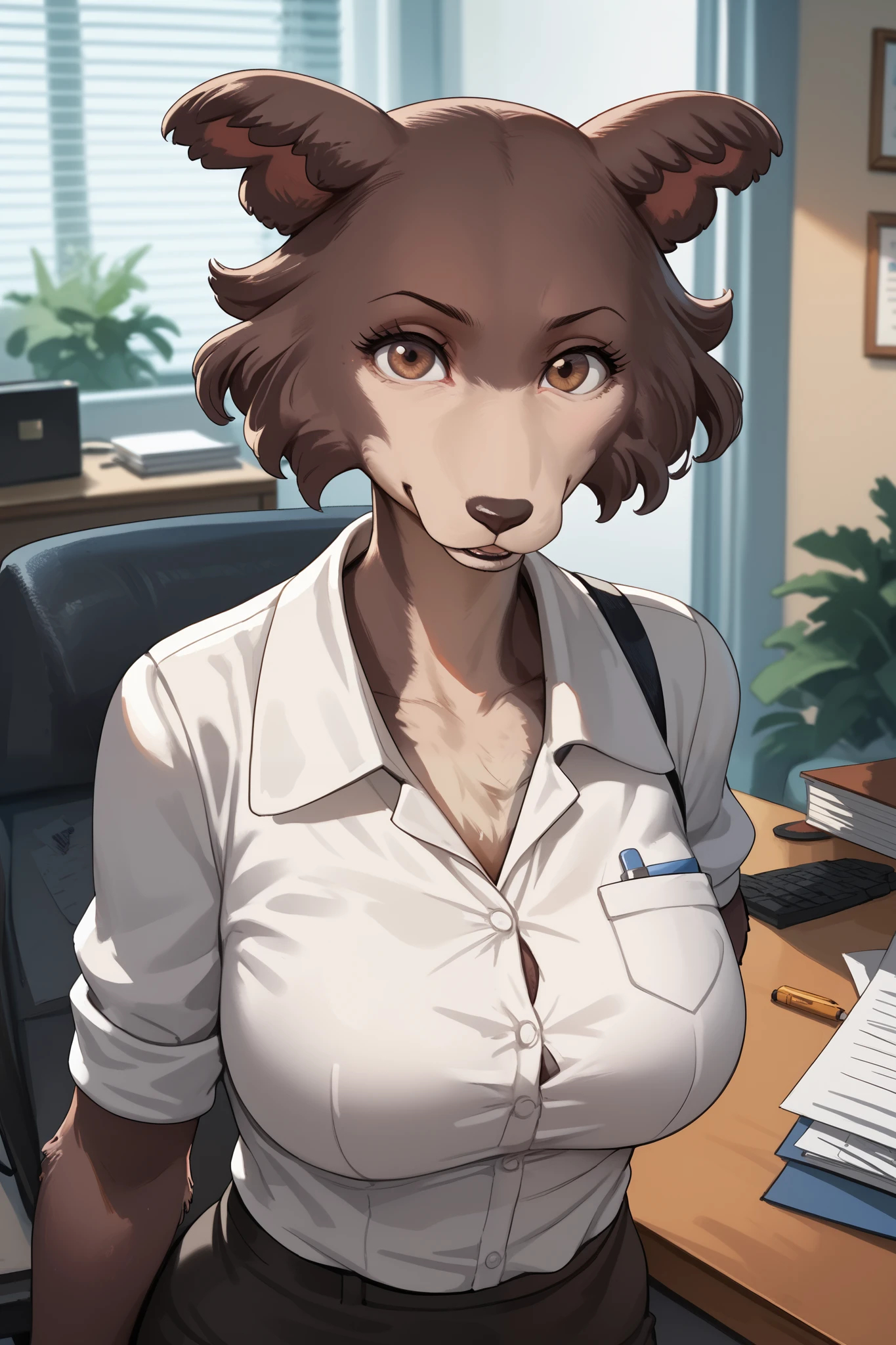 close to the viewer, office, Anthropomorphic wolf girl, brown and white fur, brown eyes, mature woman, officeная одежда, looks at the viewer,