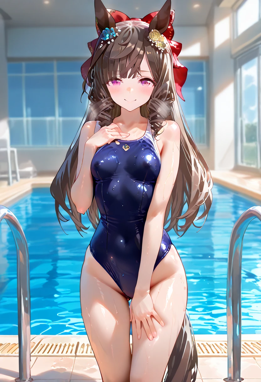 ​(Best quality, 8K, Masterpiece:1.3, 1 girl, solo, Beautiful girl), cute, Dynamism, Detailed face, Detailed skin, detailed clothes, Detailed eyes, Detailed lips, Detailed tongue, Detailed fingers, Detailed mouth, Photorealistic, Raw photo, highres, hight resolution, Natural lighting, dynamic pose, perfect anatomy, toned legs, double eyelids, tear bags, round eyes, moist lips, sweaty, (sailor high-cut swimsuit), tight-fitting clothes, sleeveless, indoor racing pool, smile, grin, pixie cut, cowboy shot, masturbation, peeing, spreading legs, wet hair, cum in pussy, ahegao, half closed eyes, tongue out, grabbing crotch herself, sitting on back
