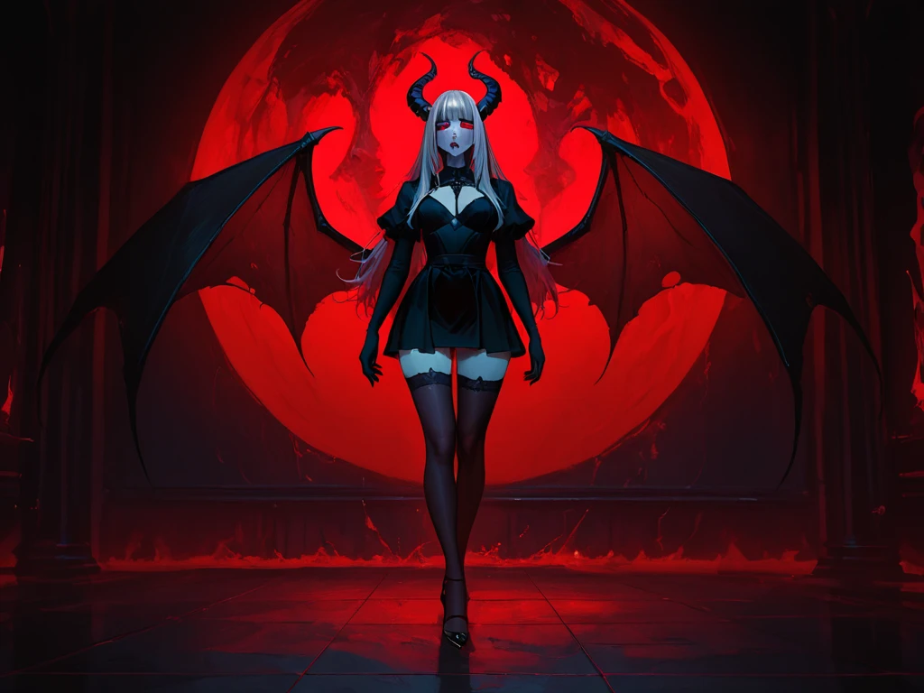 Full body pose:1.9, A woman designed with a high level of detail and a glossy, almost hyper realistic quality, typical of fantasy art of Darkest Dungeon. cyperpunk assassin, Black demon horns, red demon wings, white long hair, thigh high heel boots, her outfit accentuates her body, reflective, shiny. realistic. rainy day, wet, water dripping, standing against a backdrop of a Japanese Temple, epic masterpiece, cinematic experience, Cyberpunk 2077 8k, fantasy digital art, HDR, UHD. This contrast between the fantastical character and the more traditional color scheme and elements gives the piece an intriguing narrative quality.