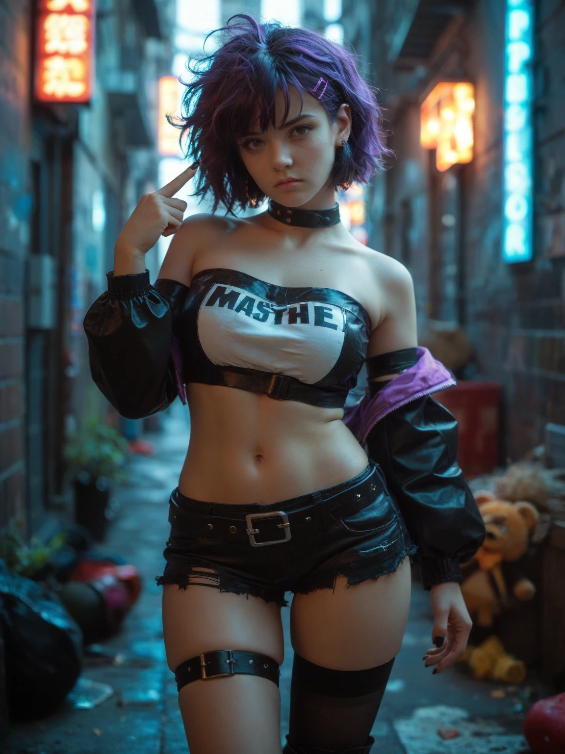 (masterpiece, best quality:1.2), 1girl, hot pose, sensual expression, solo, female focus, trunks (dragon ball), purple hair, blue eyes, surprise expression, big breast, short haircut, big ass, perfect body, closed mouth, (wearing: jacket, shirt, micro shorts, sword), photorealistic, hyperrealistic, high quality, 8k, sharp focus, vivid colors, dramatic lighting, cinematic composition, fantasy, adventure