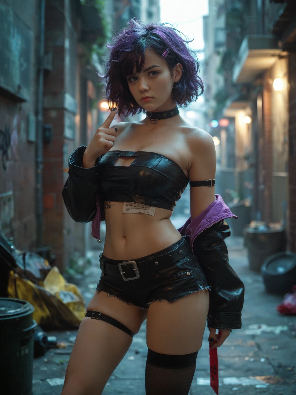 Dark and dark full body 8K drive rendering, age Female Cyborg, blue hairs, Wearing broken battle armor, In a cluttered and messy hut, action SHOT, Torn tattered shirt, Cracked porcelain skin, Skin pores, Detailed complex iris, Very dark lighting, heavy shadow, Detailed and detailed face, ((vibrating, photos realistic, realist, Dramatic, murky, foco nítido, 8?And then)),  ::Futuristic cyberpunk style, Realistic style, ::n_digital-painting style