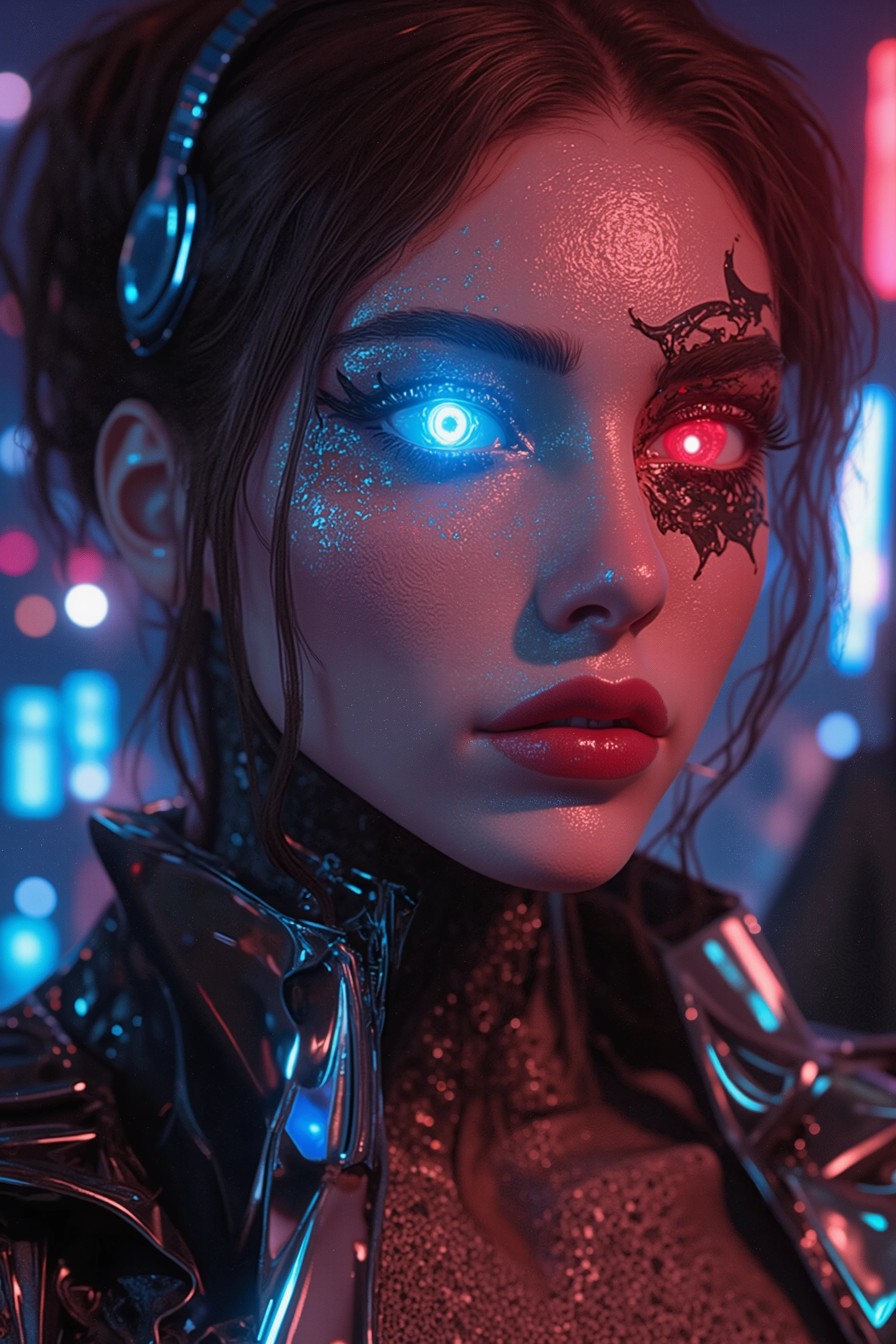 A high-quality, ultra-detailed close-up beauty portrait of a cyberpunk female with two distinct cybernetic eyes. One eye is a glowing, exaggerated blue beauty eye that enhances her striking appearance, radiating elegance and allure. The other eye is red with a devilish, draconic pupil, exuding a mysterious and intense energy. Her cybernetic enhancements subtly integrate with her futuristic, neon-lit aesthetic, with smooth metallic textures and intricate biomechanical details. The lighting features a mix of soft neon blues and deep reds, casting a stunning cyberpunk ambiance. Her skin is flawless with a high-tech, radiant glow, emphasizing her futuristic beauty. The background is blurred, filled with holographic lights and a neon-lit cityscape, enhancing the cyberpunk atmosphere. Created using hyper-realistic digital painting techniques, 8K resolution, cinematic lighting, advanced shading, and fine line details.