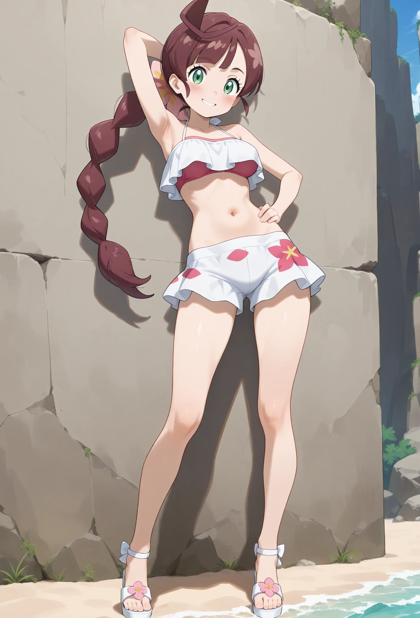 ((best quality)) ((masterpiece)) mondaijiasuka, competition swimsuit, red hair bow, brown hair, long hair, bangs, braid, blue eyes, , full body, solo, 1girl, outdoors mondaiji-asuka-nai (NSFW 1.1)