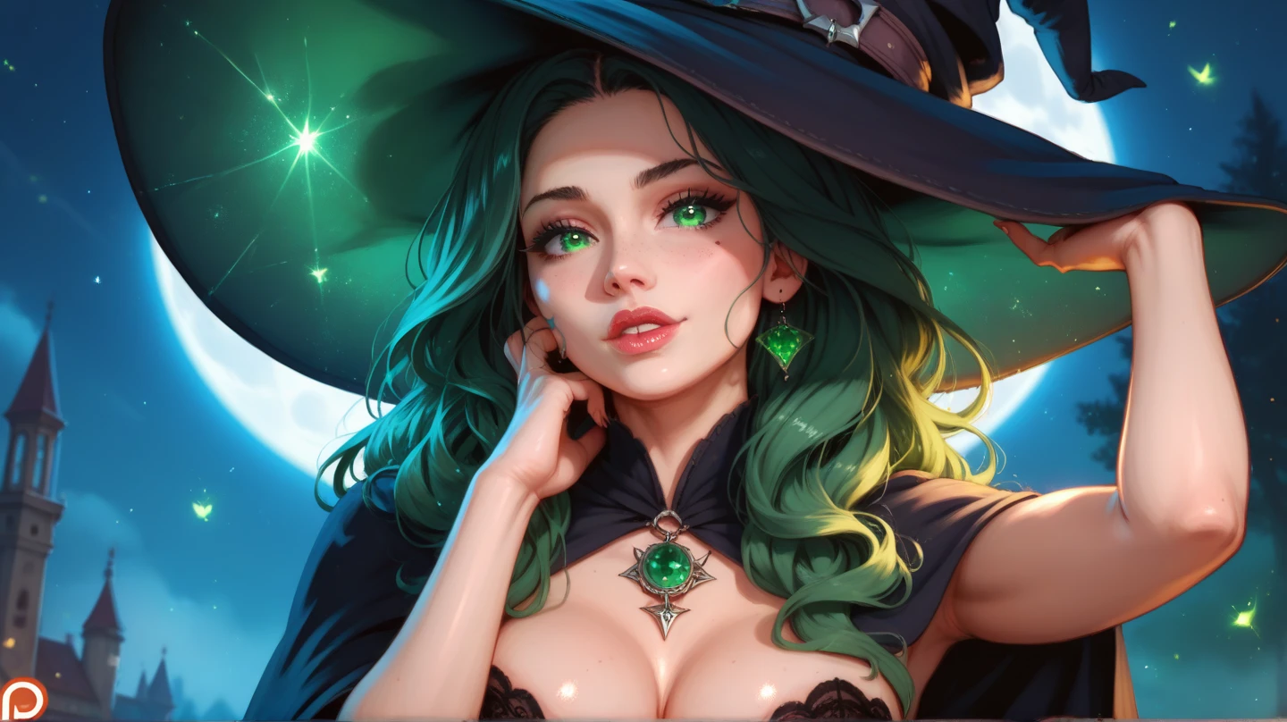 best quality, masterpiece, highres, 1girl,witch, solo, (green hair)+(bob cut hair), (Heterochromia)+(Red eyes)+(Blue eyes), (breasts:1.6), elf ears, black witch hat, black witch robes, necklace