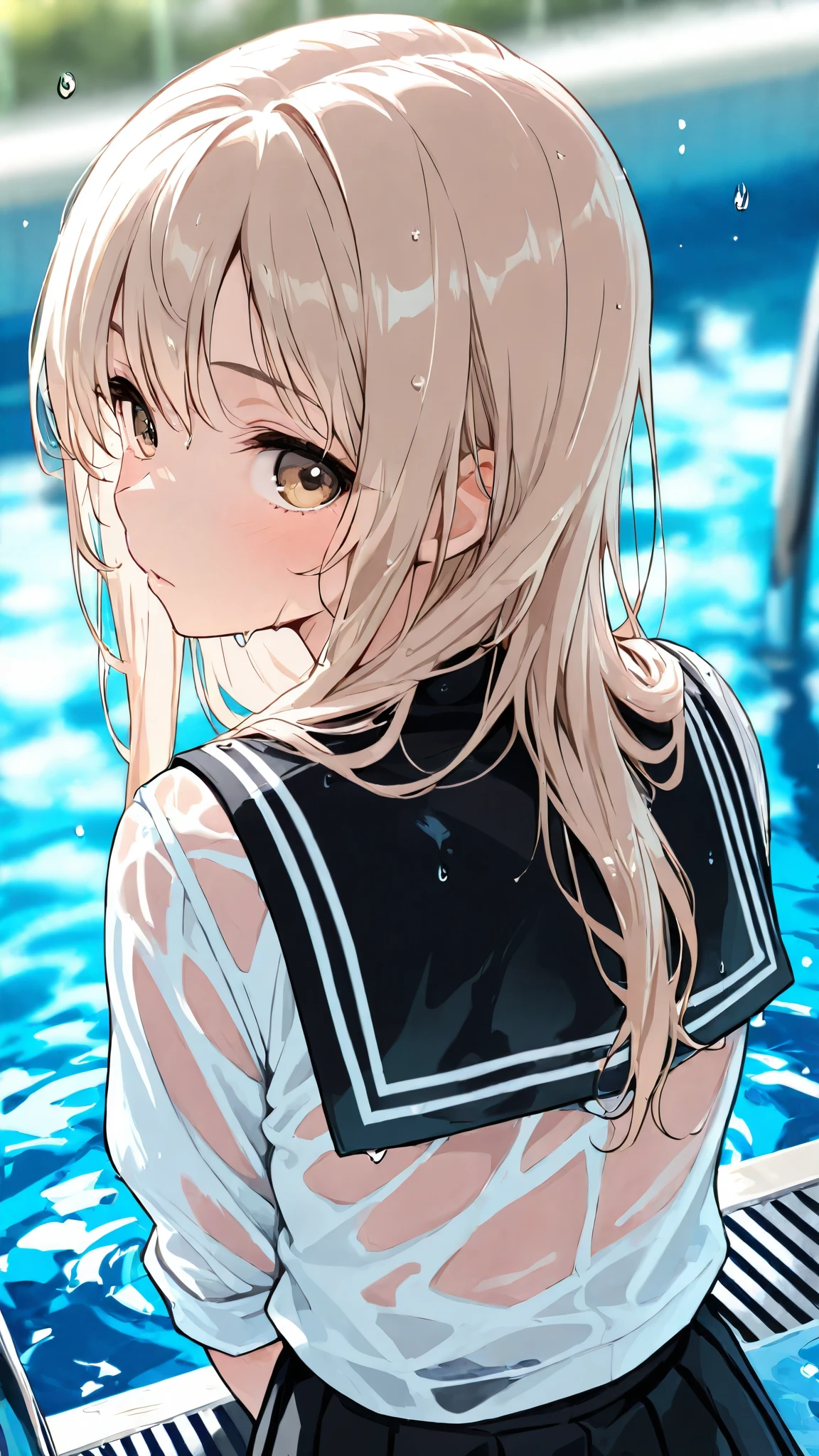 woman, looking at viewer, long hair, Beige hair,white and black school uniform, blurry background, light color, upper body, high angle shot,Water Drop,Wet person,Climb out of the pool