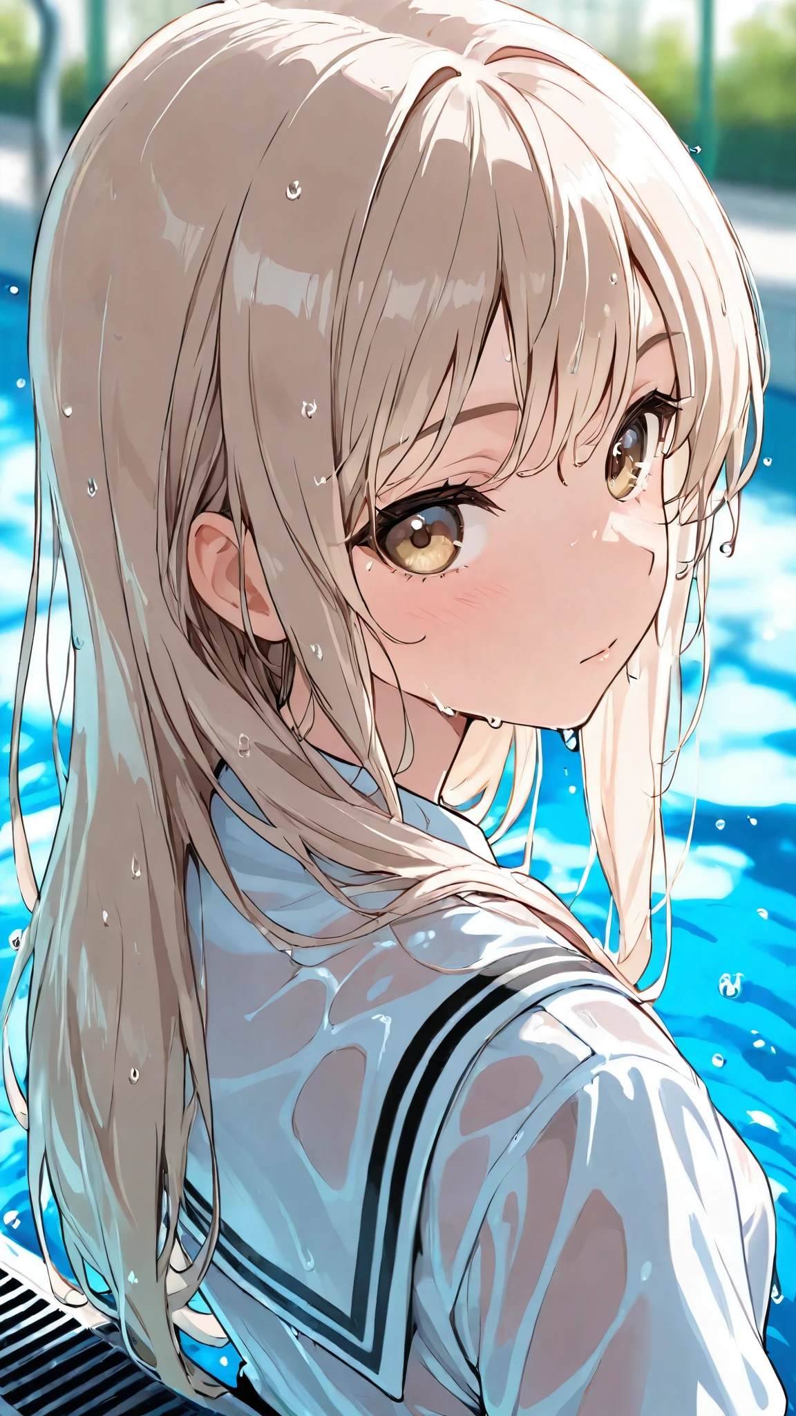 woman, looking at viewer, long hair, Beige hair,white and black school uniform, blurry background, light color, upper body, high angle shot,Water Drop,Wet person,Climb out of the pool