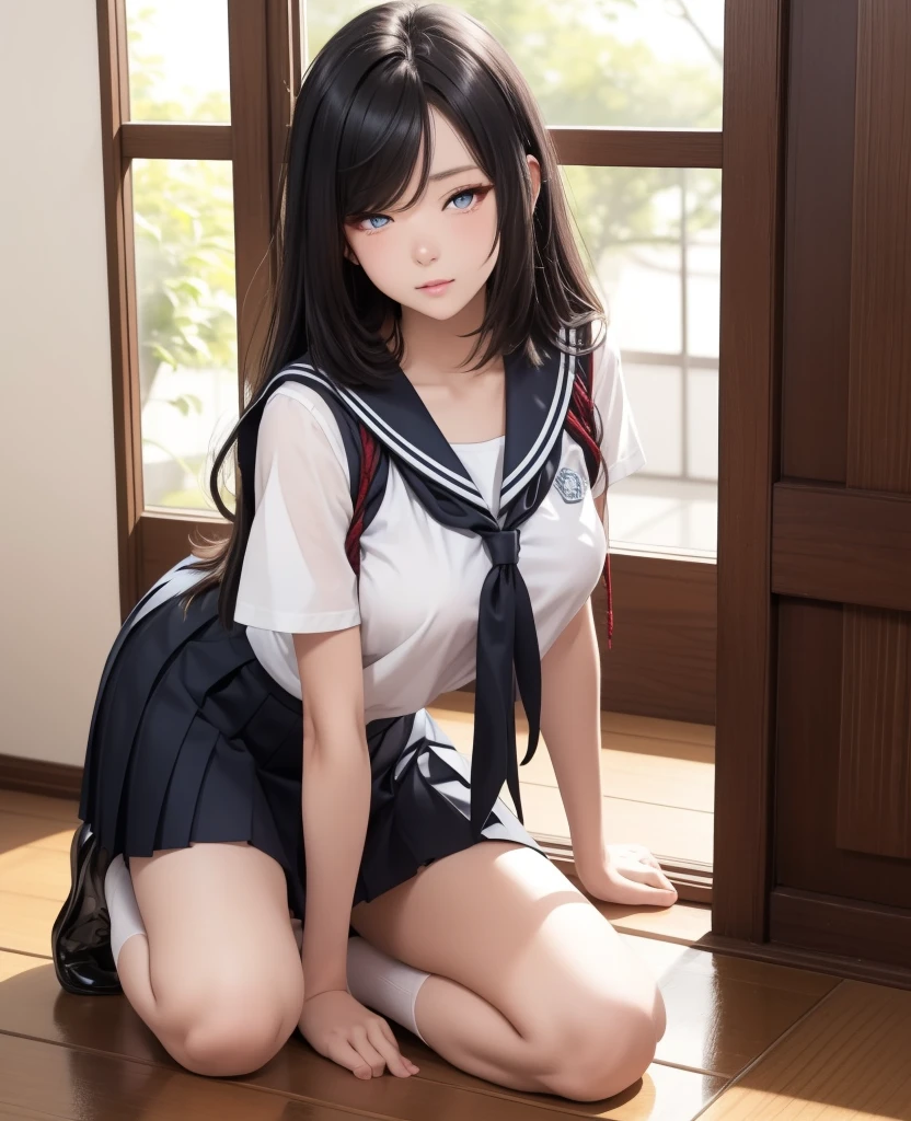 arafed asian woman in a sailor suit sitting on a chair, realistic Young Gravure Idol, Cute school girl, a Surreal school girl, Young and cute gravure idol, Surreal school girl, wearing Japanese School Uniform, Young Gravure Idol, Japanese girls uniform, Japanese School Uniform, Young Sensual Gravure Idol, High school girl posing