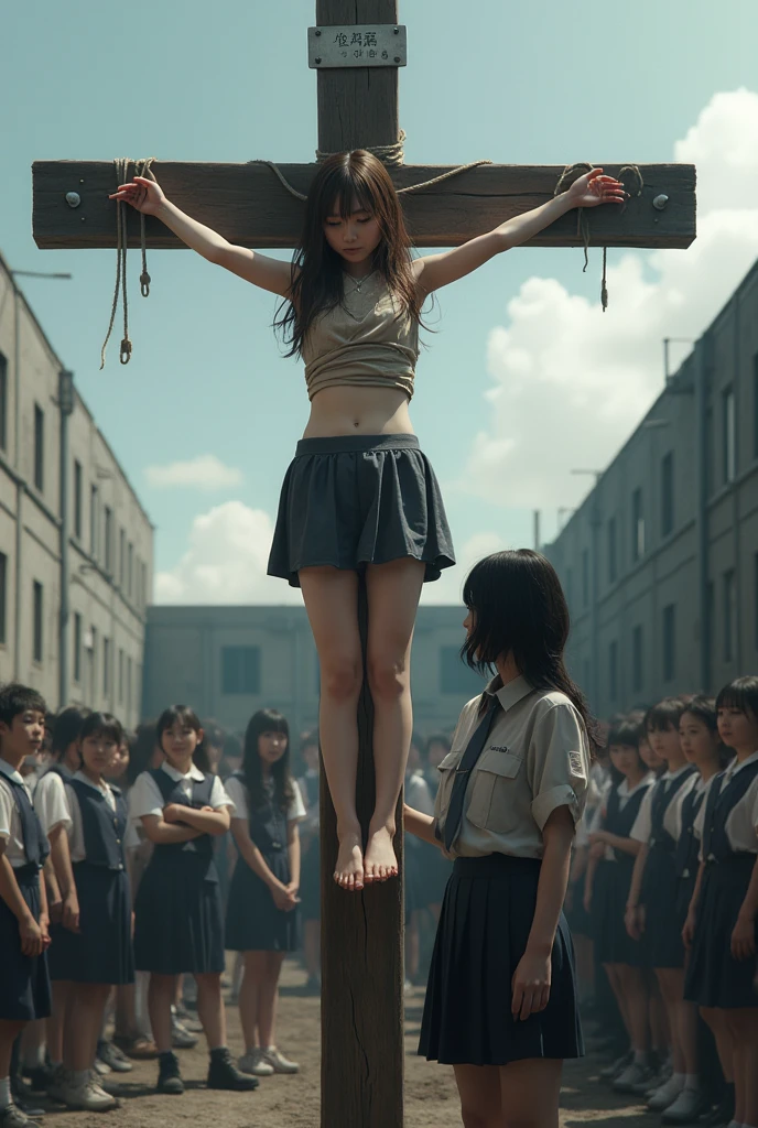 Photograph the upper body、1 girl, realisitic, Raw photo, japanaese girl, (fullnude:1.9), (beautiful countenance:1.4), 18year old, bobhair, Black hair、(Crucifixion to a burning cross engulfed in flames on stage:1.8), (Tied to a cross with barbed wire:1.5), not any dressed、(enthusiastic crowd:1.2)、Witch trials、Witch hunt