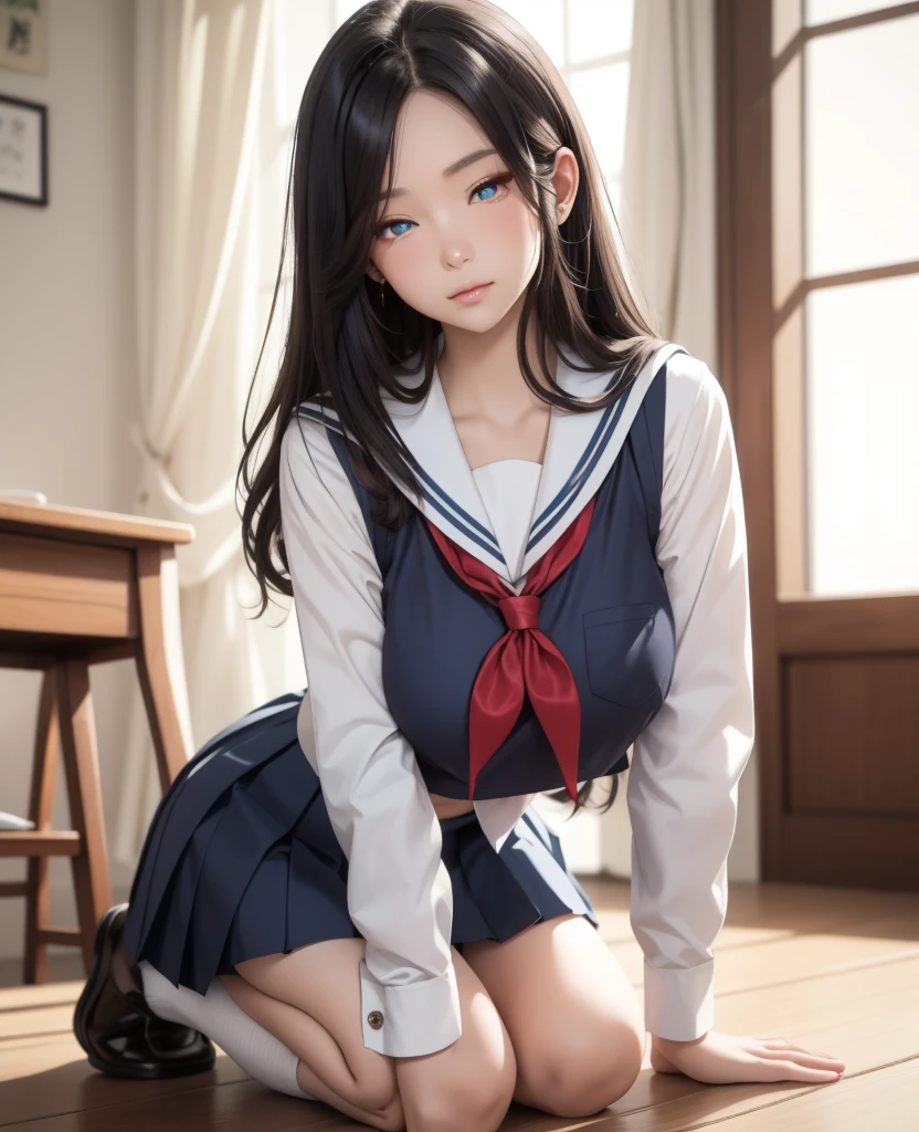 beautiful meticulous girl, very detailed eyes and face, beautiful detailed eyes, ridiculous, incredibly ridiculous, huge file size, super detailed, high resolution, very detailed, best quality, masterpiece, kemomimi, ((Japanese girls' high school uniform)), illustration, very detailed, CG, unity, 8k wallpaper, amazing, fine details, masterpiece, best quality, very detailed CG uniform 8k wallpaper, face light, movie lighting, 1girl, 16 years, (without panties) ), (((dynamic pose))), (camel toe), (half), (pantyhose), (bent knee and leg sitting))