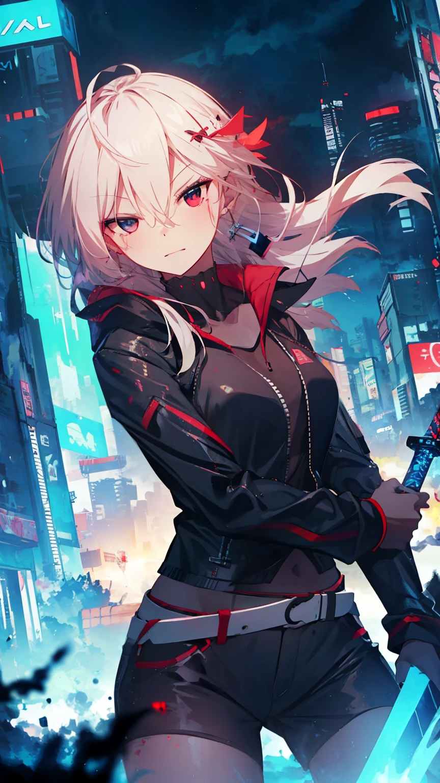 Young 1 Japan girl in shiny red jacket as cyberpunk character in neonninja style, futuristic city. Hair scrunchies, Princess cut, Silver hair, Color chips, Medium hair, Multicolored hair, Bangs parting, Parted lips, Red lips, Red lips, red eyeliner, Full moon, Gray eyes, Sexiness and coolness, night, neon, futuristic, concept art, Blade Runner worldview, TORON worldview, Ghost in the Shell worldview, painting, illuminated, close-up, detailed light, backlit glow. Rainy night in cyberpunk city with glowing neon lights. Dynamic and dynamic composition.
