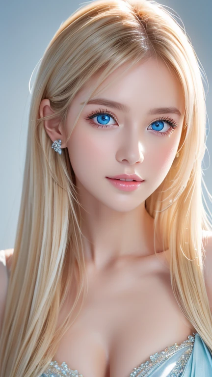 A very white and beautiful 20-year-old blonde girl、masterpiece, highest quality, shape, Ultra-fine detail, Natural platinum blonde with a natural shine、Super long straight silky hair、Super long hair like Rapunzel、Hair tangled all over the body、bangs over eyes、bangs on the face、Messy bangs、High resolution, 8K TV Wallpaper, Perfect dynamic composition, Beautifully detailed large light blue eyes , Big, bright, light blue eyes that shine beautifully、Very big eyes、of hotel(bed)、Small Face Beauty、Round face、double eyelid、Lying on your back、Cheek gloss highlighter