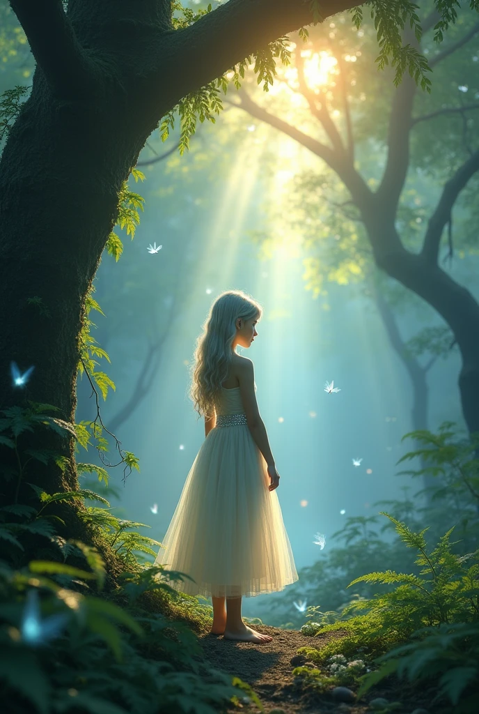 during dawn,An ancient forest shrouded in morning fog,The sun forms Tyndall beams of light through the crown of the tree,The dew shines on the fern leaves。A silver-haired girl stands barefoot,The long tulle dress has a pearlescent shine,with glowing vines around her waist,The fingertips stop on a blue firefly。The wings of translucent fairies are faintly visible in the blurred light spots,The scent of jasmine flowers floats in the air。 --ar 3:4 --style raw --v 5.1