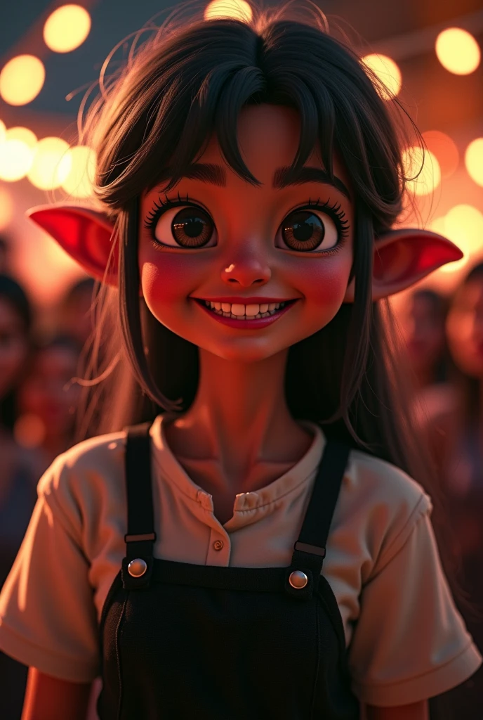 1girl, Sylvdark from a cowboy camera watching the audience, colored skin, grinning smile, teeth, Speak up, the elf, long eyebrow, (white shirt , black dress ), sport, Volumetriclighting, Best Quality, Masterpiece , intricate , Volumetriclighting, , 8 thousand, Movieting, Masterpiece , perfect pubic, intricate details, Tone-mapping, realistic