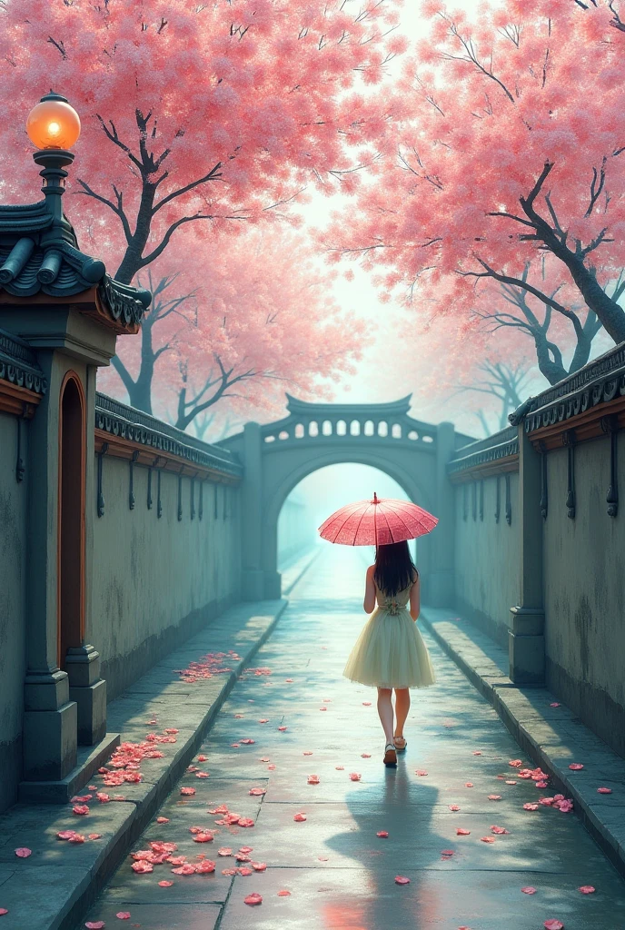 Spring in the south of the Yangtze River,The bluestone alley is covered with pink and white cherry blossoms,Flowers reflect flower petals。A girl in a moon-white skirt walks alone with an oil-paper umbrella,Umbrellas are stained with ink-painted peach blossoms,The clothes are wet with light green。The cherry blossom branches on the wall tremble in the wind,The arch bridge in the distance is hidden in the mist,Eaves copper bells glow faintly。 --style expressive --chaos 40 --v 5.2