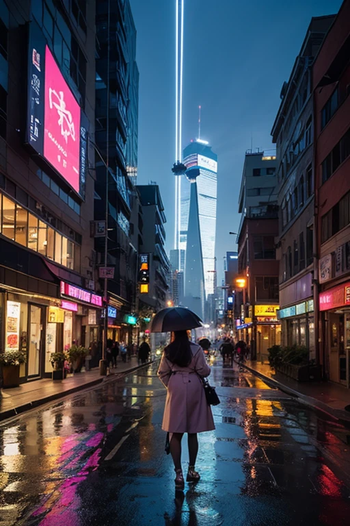 Neon Street on a Rainy Night,Giant holographic roses hang in the middle of the sky,Petals dripping fluorescent raindrops。A group of mechanical butterflies fly around the rose,Metal wings refract pink and purple lasers,One of them stopped at the fingertips of a girl wearing a leather trench coat。Her neck wraps around a vine data cable,The window behind the window reflects the broken city skyline,Rain converges and flows on the ground。 --chaos 60 --v 5.2