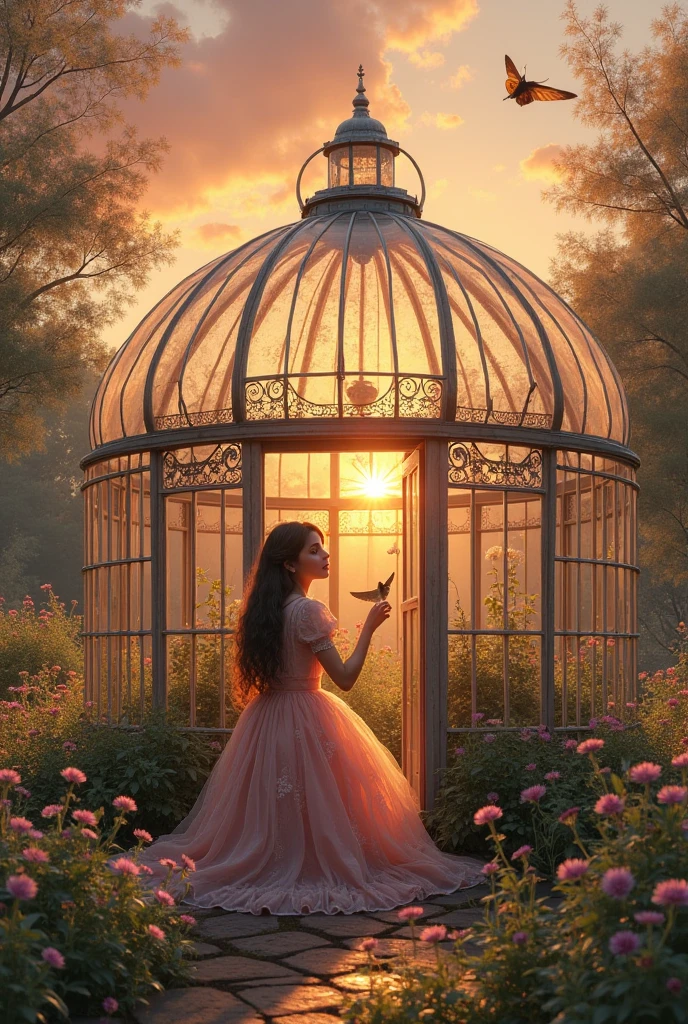 Victorian greenhouse,Glass dome is covered with rosy sunset,The giant glass dome is an upside-down miniature garden。A girl in a ta gauze skirt kneels outside the dome,Fingertips touch the glass,The butterfly in the dome lands on the tip of her projected nose。Time stands still in the dome:Dandelions keep the moment of blowing away,Dew drops hang on the edge of cornflower petals,Hummingbirds flutter their wings and bring up golden pollen mist。