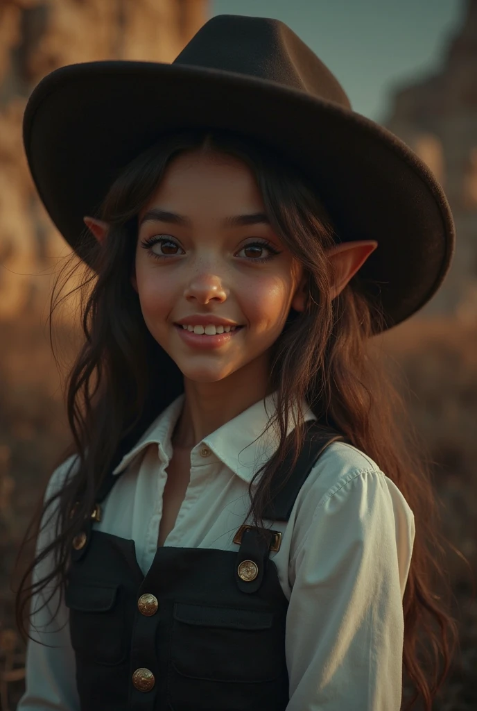1girl, Sylvdark from a cowboy camera watching the audience, colored skin, grinning smile, teeth, Speak up, the elf, long eyebrow, (white shirt , black dress ), sport, Volumetriclighting, Best Quality, Masterpiece , intricate , Volumetriclighting, , 8 thousand, Movieting, Masterpiece , perfect pubic, intricate details, Tone-mapping, realistic