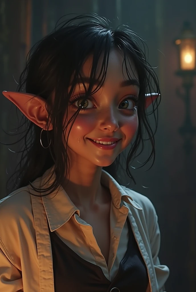 1girl, Sylvdark from a cowboy camera watching the audience, colored skin, grinning smile, teeth, Speak up, the elf, long eyebrow, (white shirt , black dress ), sport, Volumetriclighting, Best Quality, Masterpiece ,  intricate , Volumetriclighting, , 8 thousand, Movieting, Masterpiece , perfect pubic,  intricate  details, Tone-mapping, realistic 