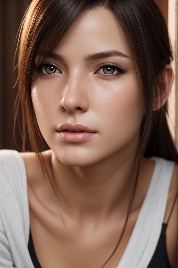(photorealistic:1.4),Best Quality,realistic, Masterpiece , very fine and beautiful, CG,Extremely detailed ,high-resolution, Extremely detailed, 1girl, ff Tifa_Lockhart, extremely detailed eyes and face ,full bodyesbian, realistic, japanses clothes , Beautiful and delicate red eyes, There is light on the face, lighting,,