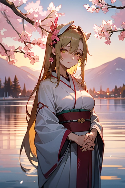 Asuna, Masterpiece , Best Quality, Detailed, (1girl), Solitary, Detailed golden eyes, long hair, Permanent, Close to the viewer , (Detailed kimono), faint smile , medium boobs, ( behind hands), Eau, the sunset, (head gear), (Sakura blossoms), The background is a snowy mountain lake,high rating,7 points,8 points,9 points