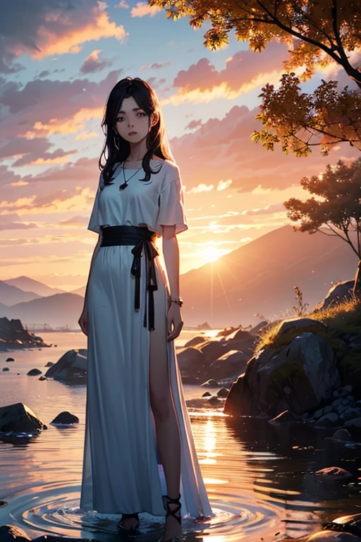 1 girl , calm expression, mesmerizing eyes, straight long hair, floating dress, Balanced Posture, Porcelain skin, Light Blush, Crystal Pendant
BREAK
Golden Hour, ( edge lighting ):1.2, a warm color palette, sunflare, Soft shadows, Vivid Colors , painterly effect, dreamy atmosphere
BREAK
Picturesque lakes, Far Mountain, willowy, Calm water, Reflectors, Sunlit Clouds, tranquil ambiance, Idyllic sunsets, ultra - detailed, Official Art, Unity 8k wallpaper
, Zen painting, datura