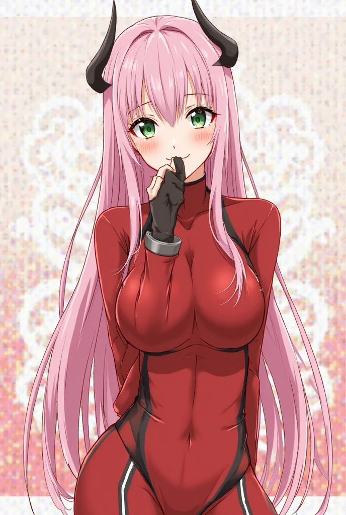 very detailed background, masterpiece, best quality, 1girl, solo, ((masterpiece, best quality)),best aesthetic, zero two (darling in the franxx), darling in the franxx, bangs, biting, blush, covered navel, eyeshadow, green eyes, hair behind head, hand on hip, horns, smile, long hair, looking at viewer, makeup, medium breasts, pilot suit, red suit, pink hair, red eyeshadow, science fiction, skin tight,
