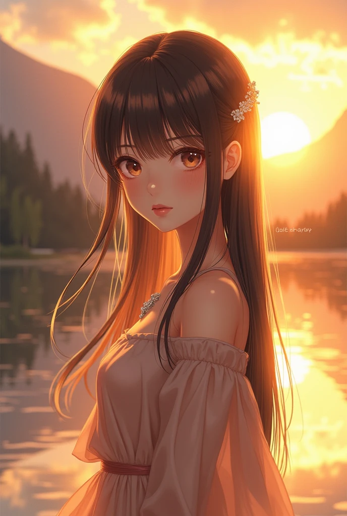 1 girl , calm expression, mesmerizing eyes, straight long hair, floating dress, Balanced Posture, Porcelain skin, Light Blush, CRYSTAL PENDANT BREAK GOLDEN HOUR, ( edge lighting ):1.2, a warm color palette, sunflare, Soft shadows, Vivid Colors , painterly effect, DREAMY VIBE BREAK Picturesque Lake, Far Mountain, willowy, Calm water, Reflectors, Sunlit Clouds, tranquil ambiance, Idyllic sunsets, ultra - detailed, Official Art, Unity 8k wallpaper , Zen painting, datura