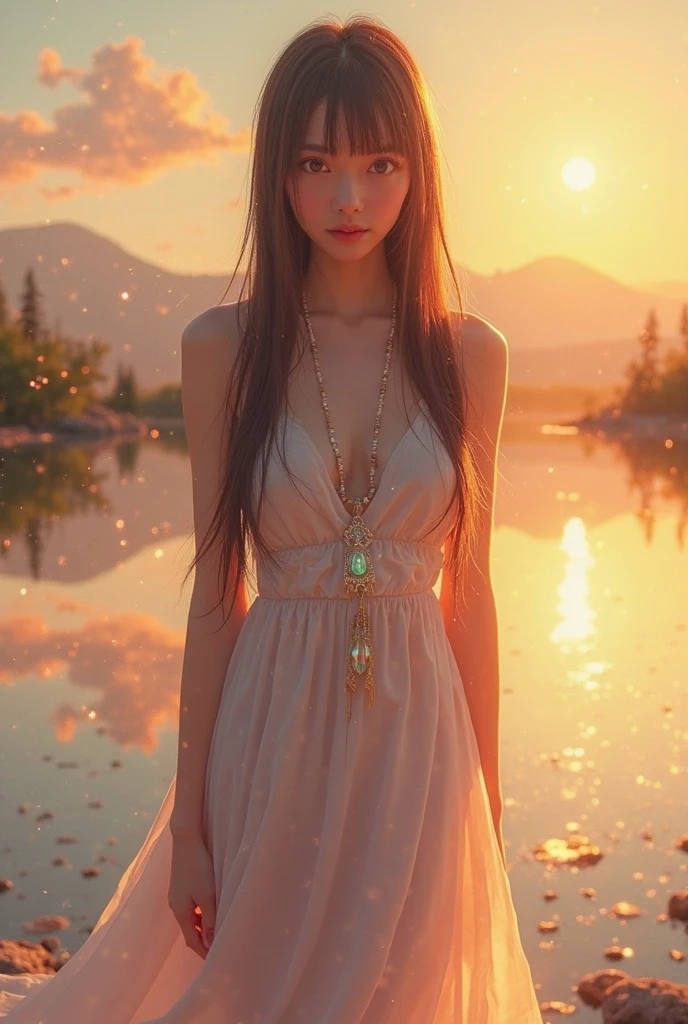1 girl , calm expression, mesmerizing eyes, straight long hair, floating dress, Balanced Posture, Porcelain skin, Light Blush, CRYSTAL PENDANT BREAK GOLDEN HOUR, ( edge lighting ):1.2, a warm color palette, sunflare, Soft shadows, Vivid Colors , painterly effect, DREAMY VIBE BREAK Picturesque Lake, Far Mountain, willowy, Calm water, Reflectors, Sunlit Clouds, tranquil ambiance, Idyllic sunsets, ultra - detailed, Official Art, Unity 8k wallpaper , Zen painting, datura