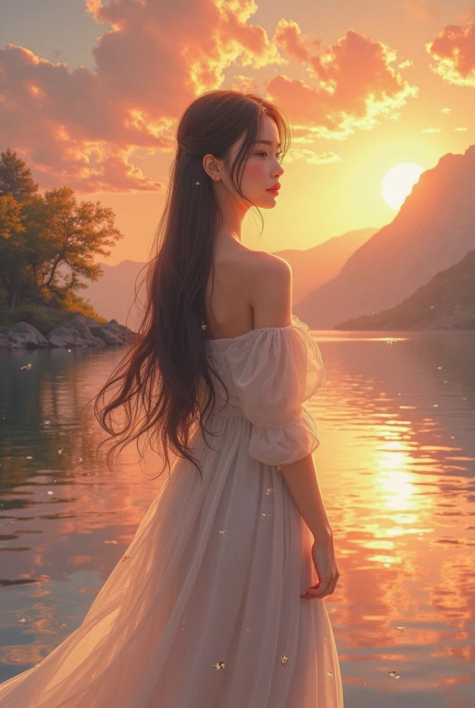 1 girl , calm expression, mesmerizing eyes, straight long hair, floating dress, Balanced Posture, Porcelain skin, Light Blush, CRYSTAL PENDANT BREAK GOLDEN HOUR, ( edge lighting ):1.2, a warm color palette, sunflare, Soft shadows, Vivid Colors , painterly effect, DREAMY VIBE BREAK Picturesque Lake, Far Mountain, willowy, Calm water, Reflectors, Sunlit Clouds, tranquil ambiance, Idyllic sunsets, ultra - detailed, Official Art, Unity 8k wallpaper , Zen painting, datura