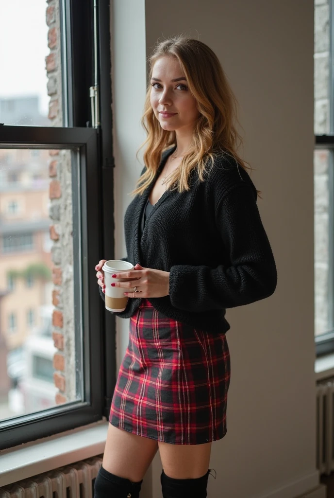 inside in room, Portrait, A 25-year-old woman holding a coffee cup in her hand, Black short knitted cardigan, The Arm:1, Dark red and black plaid narrow skirt, Black knee-length suede boots , Stand next to the office window