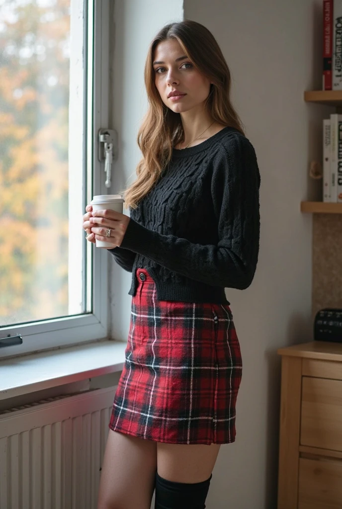 inside in room, Portrait, A 25-year-old woman holding a coffee cup in her hand, Black short knitted cardigan, The Arm:1, Dark red and black plaid narrow skirt, Black knee-length suede boots , Stand next to the office window