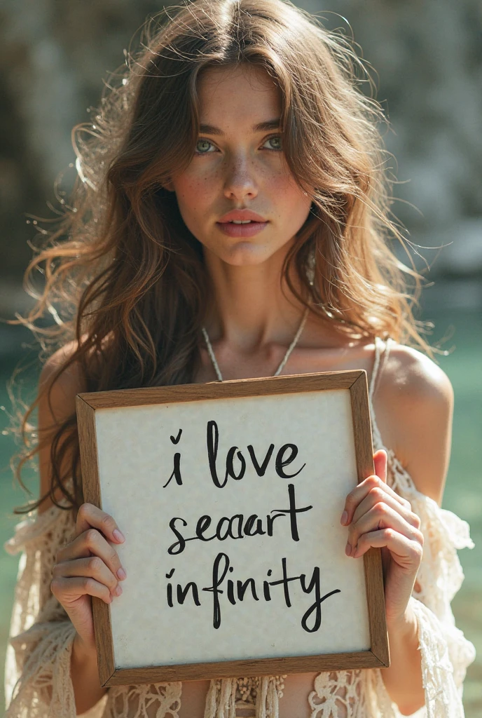 Beautiful girl with wavy long hair，Wearing a bohemian dress，Holding a whiteboard with the words &quot;I Love SeaArt Infinity&quot;，and show the audience