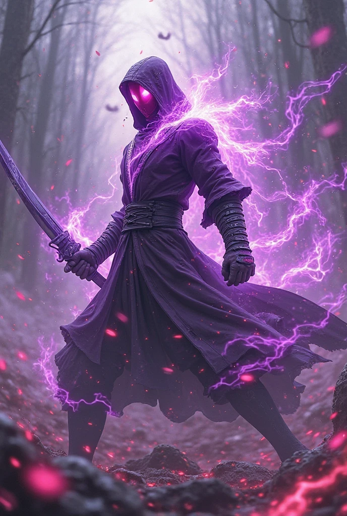 Zhe activates the forbidden secret technique - Instant Prison Shadow Killing Array,Flying Thunder God Kunai rotates and tears the space,Purple flames wrap the body,Ground cracks ooze out nether energy。close-up perspective:The gap in the mask reveals a scarlet pupil,The shadow of the clothes is dragged out with dynamic blur,The background is the destroyed shrine in Ionia,Cherry blossoms fly in the opposite direction in the shock wave。Particle Effect Reference「Impact Blade」skins,Metallic texture is cold,Dark purple interspersed with electric white。 --ar 16:9 --style raw --v 5.2 --s 1000