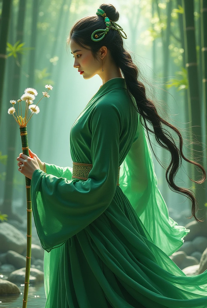 Janna transforms into jade sword skin, The green shirt is lifted by the tornado, The left hand seals and condenses the emerald wind dragon, Dew drops on the bamboo sword in the right hand。Scenes: The ancient bridge in the bamboo forest in the morning mist, The water under the bridge reflects her translucent spirit, The jade ornaments in her hair sway gently with the airflow, The dandelions at her feet are fixed in a suspended state by the wind pressure。shades:Ink and green+Gilt,reference《A wolf》Scenes构图,increase「Wind marks」dynamic blur(Such as pleats、 The direction of the bamboo leaves is unified)。 --style expressive --chaos 30
