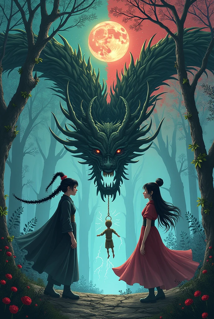 Kaiyin、Akali、Sako confronts in the Forest of the Elements,Kaiyin的暗裔镰刀撕裂地面,vines grow from cracks;Akali的烟幕弹炸开,cherry blossoms intertwined with lightning;Sako's wooden puppet hanging from the ancient tree,Venom seeps out of the eye sockets。Background with:giant elemental dragon skeleton wraps around the ancient tree,above the crown of the tree is a rift in the sky during the day and night(half hot sun,Half waning moon)。 --style scenic --chaos 60