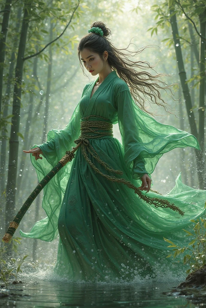  Janna transforms into jade sword skin， The green shirt is lifted by the tornado， The left hand seals and condenses the emerald wind dragon， Dew drops on the bamboo sword in the right hand。Scenes： The ancient bridge in the bamboo forest in the morning mist， The water under the bridge reflects her translucent spirit， The jade ornaments in her hair sway gently with the airflow， The dandelions at her feet are fixed in a suspended state by the wind pressure。shades：Ink and green+Gilt，reference《A wolf》Scenes构图，increase「Wind marks」dynamic blur（Such as pleats、 The direction of the bamboo leaves is unified）。 --style expressive --chaos 30