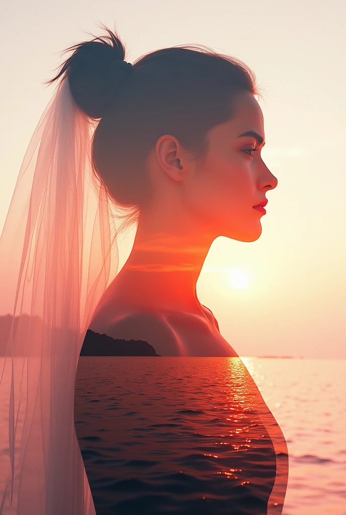 high quality，8k ultra high definition，美丽的Doubleexposure，Combining the silhouette of the goddess with the sunset coast， sunset coast should be used as the bottom background，Details are integrated into the silhouette of the goddess，Clear lines，The background is a monochromatic ，Focus sharp，Doubleexposure，Created by yukisakura，Gorgeous full color