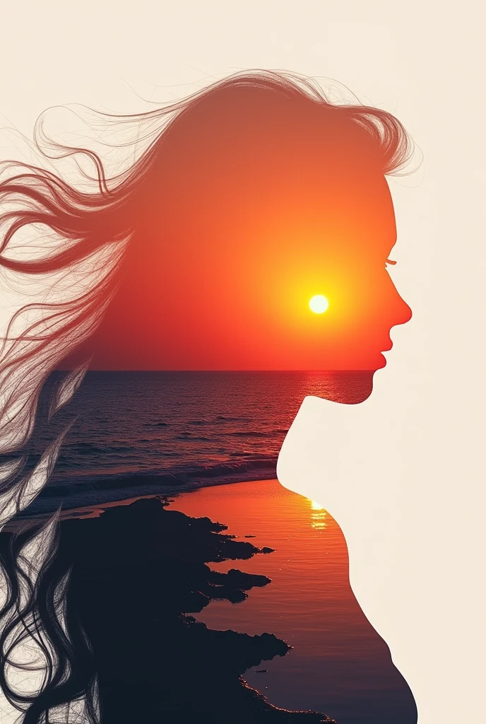 high quality，8k ultra high definition，美丽的Doubleexposure，Combining the silhouette of the goddess with the sunset coast， sunset coast should be used as the bottom background，Details are integrated into the silhouette of the goddess，Clear lines，The background is a monochromatic ，Focus sharp，Doubleexposure，Created by yukisakura，Gorgeous full color