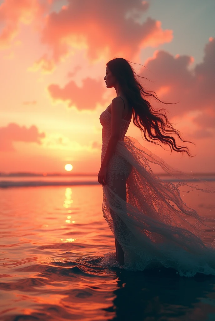 high quality,8k ultra high definition,美丽的Doubleexposure,Combining the silhouette of the goddess with the sunset coast, sunset coast should be used as the bottom background,Details are integrated into the silhouette of the goddess,Clear lines,The background is a monochromatic ,Focus sharp,Doubleexposure,Created by yukisakura,Gorgeous full color