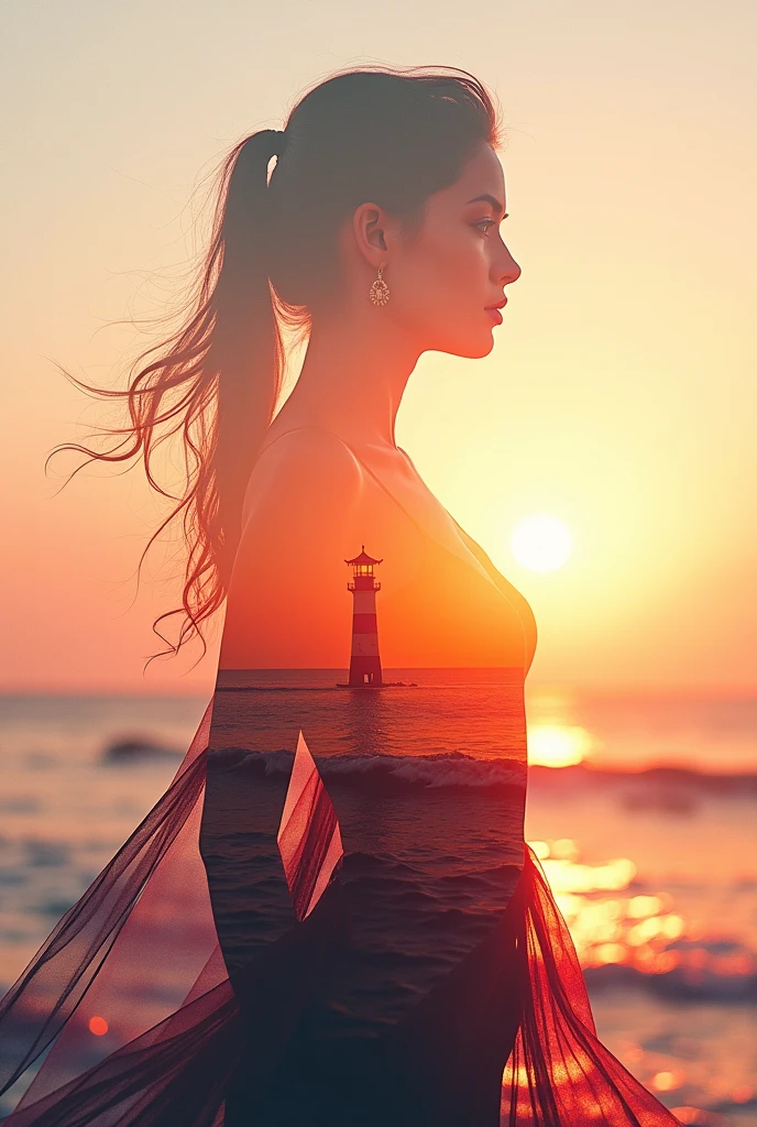 high quality,8k ultra high definition,美丽的Doubleexposure,Combining the silhouette of the goddess with the sunset coast, sunset coast should be used as the bottom background,Details are integrated into the silhouette of the goddess,Clear lines,The background is a monochromatic ,Focus sharp,Doubleexposure,Created by yukisakura,Gorgeous full color