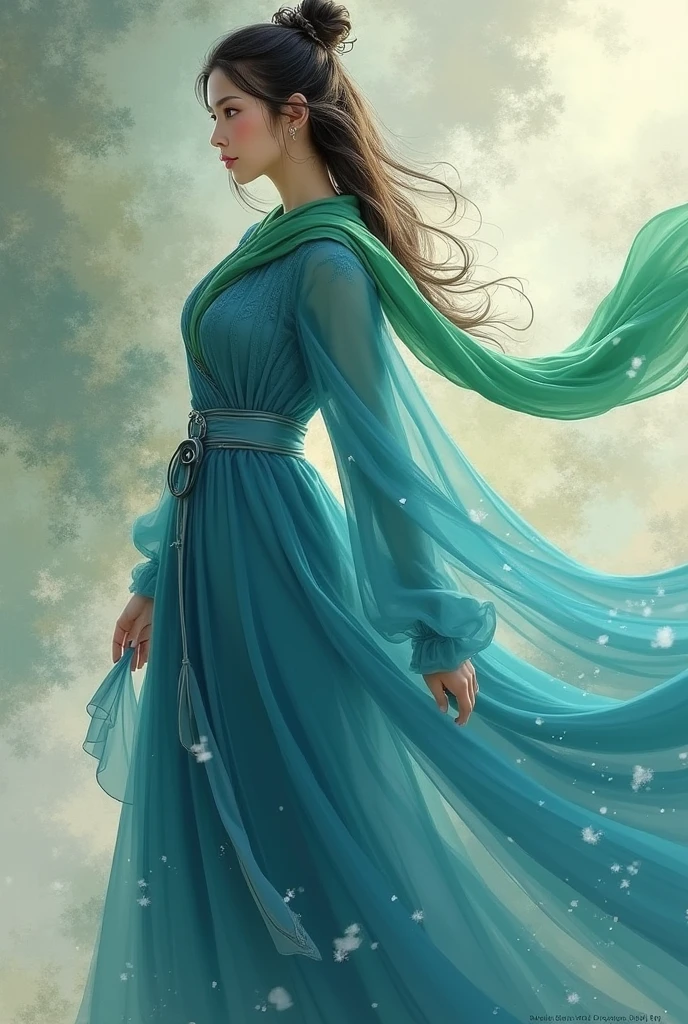 Wearing a blue dress、woman wearing a long green scarf, Beautiful character painting, beautiful fantasy empress, author:Yang J, style of Art germ, Art germ and ruan jia, extremely detailed Art germ, trending Art germ, Art germ. anime illustrated, ruan jia and Art germ, inspired by Pu Hua, Art germ detailed