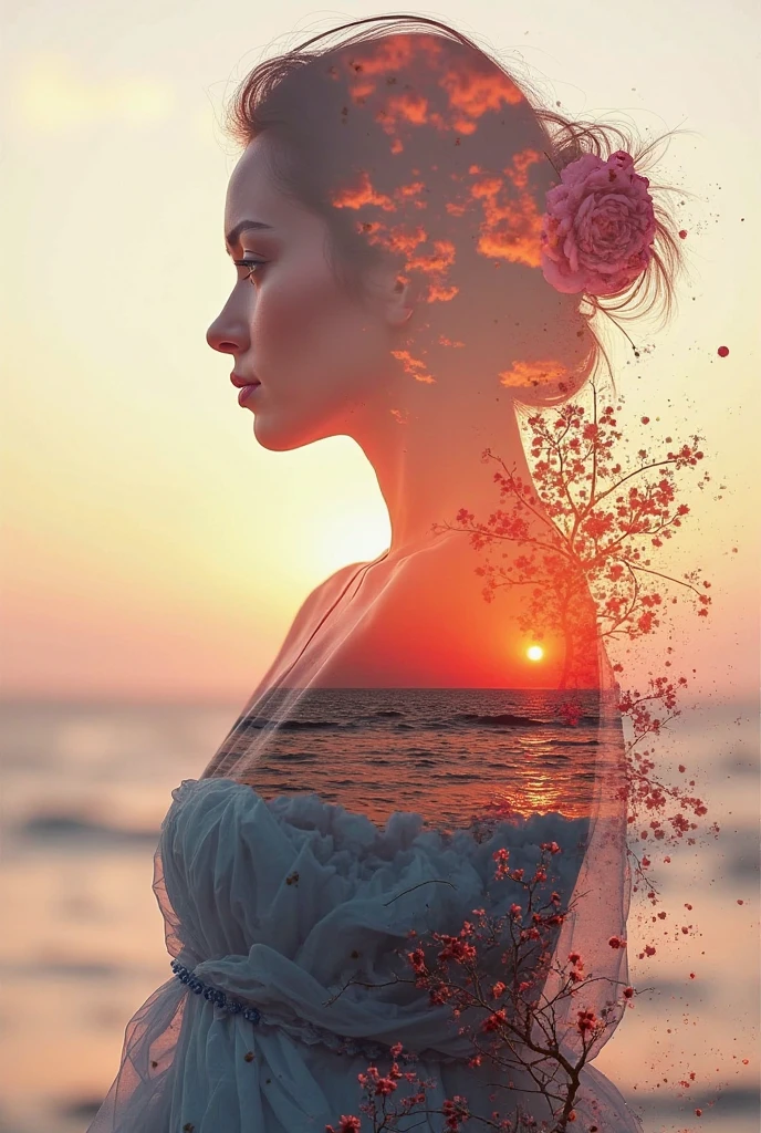 high quality,8k ultra high definition,美丽的Doubleexposure,Combining the silhouette of the goddess with the sunset coast, sunset coast should be used as the bottom background,Details are integrated into the silhouette of the goddess,Clear lines,The background is a monochromatic ,Focus sharp,Doubleexposure,Created by yukisakura,Gorgeous full color