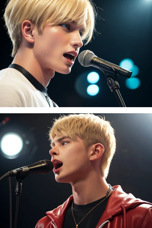 Steve Irving, 1 boy, Male focus , blonde hair , ngel, ngel a microphone speaking to a crowd, Pikachu, vaporous, Raib and the Frog Seed on his shoulders, Keep a microphone speaking to a crowd, Specular highlights, Detailed Face, Eye for detail,