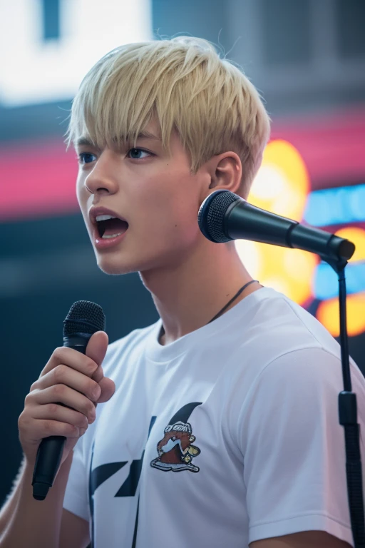 Steve Irving, 1 boy, Male focus , blonde hair , ngel, ngel a microphone speaking to a crowd, Pikachu, vaporous, Raib and the Frog Seed on his shoulders, Keep a microphone speaking to a crowd, Specular highlights, Detailed Face, Eye for detail,